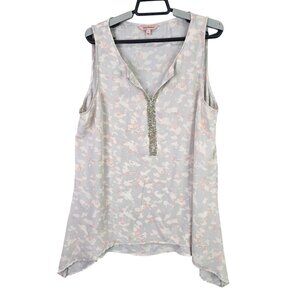 Womens Juicy Couture Gray Pink Sleeveless Floral Print Top Rhinestone Neck L